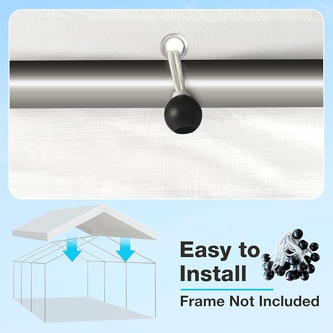 10x20 FT Carport Replacement Canopy Top Upgraded Car Port Canopy Cover for Carport Party Tent Waterproof & UV Protected, Easy Installation with Ball Bungees, White (Top Cover Only, Frame Not Included)