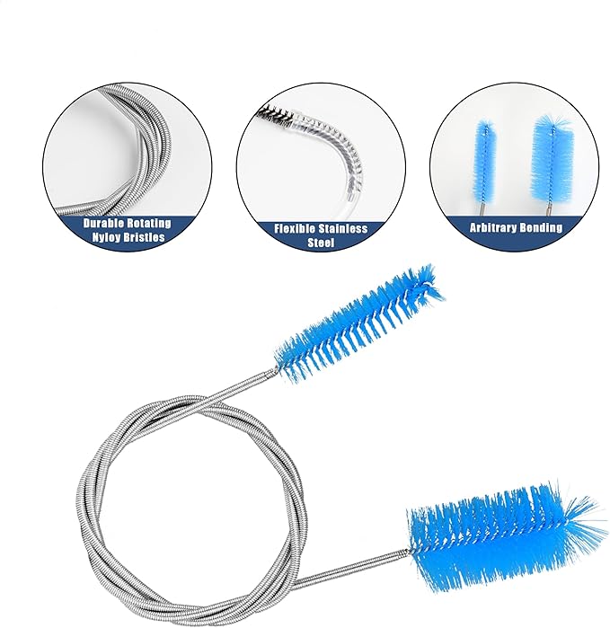 12Pcs Glass Tube Pipe Cleaners Brush Kit,Long Nylon Straw Brush for Glass Funnel and Bottle,17-inch Long Handle,8.2-in Different Diameters Brushes,35-in Flexible Double-Ended Hose Tool (Blue)