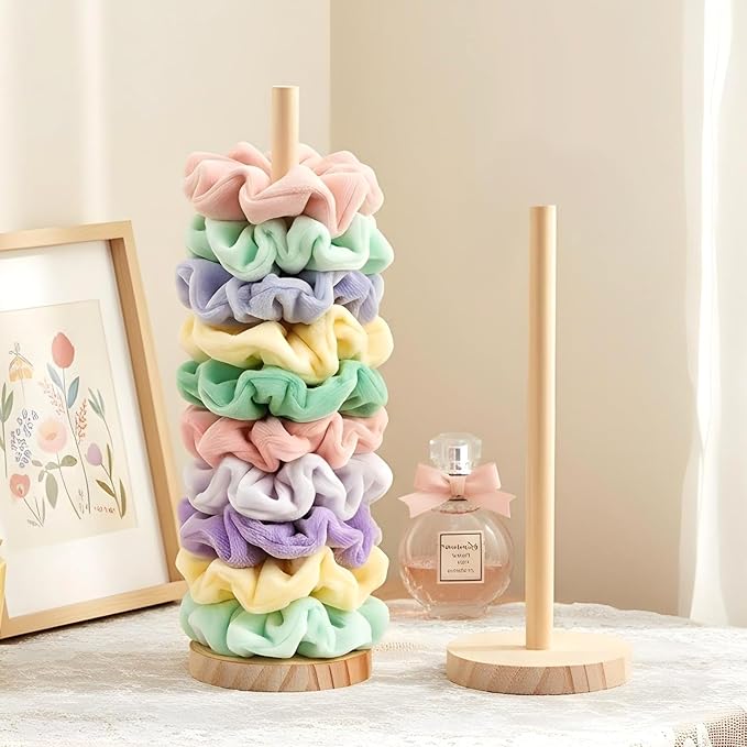2 Pcs Scrunchie Holder Stand Hair Tie Organizer Vertical 15-20 Scrunchies Hairs Accessories Organizer Display Scrunchy Wood Hair Tie Holder Storage for Women Bathroom Bedroom Decor