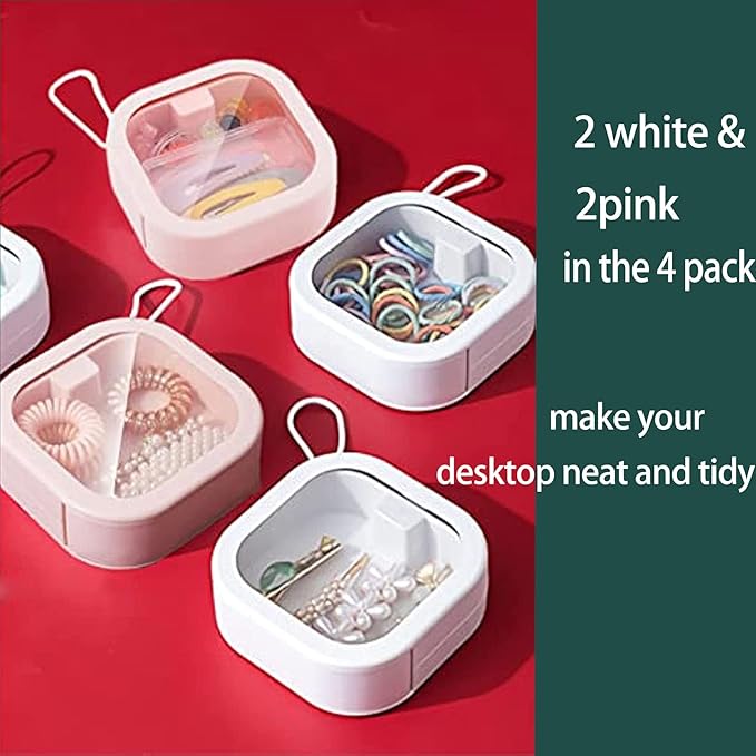 4pcs Hair Tie Organizer,Portable Travel Qtip Holder,Bathroom Storage Organizer Qtip Dispenser Cotton Swabs Dispenser Kids Hair Accessory Box with Lid for Bathroom,Desktop Organizer(4 Pcs Pink&White)