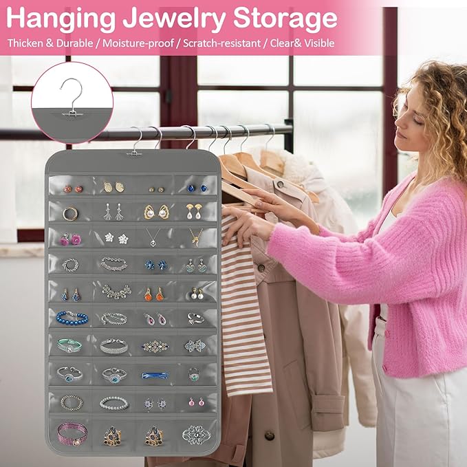 Hanging Jewelry Organizer for Closet with Swiveling Hanger, 17 x 30 In, 80 Clear Pockets Jewelry Organizer Hanging for Jewelries, Earrings, Accessories (Beige) (2, Gray)