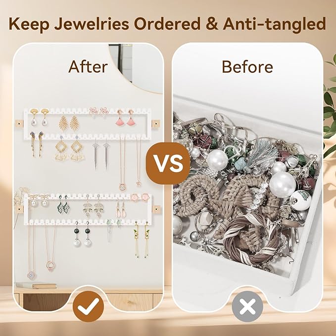 2 Tier Earring Holder Organizer Wall Mounted,2PCS Metal Earring Display Storage with 96 Holes and 92 Grooves Hanging Jewelry Organizer Tree for Stud/Hoop/Dangle Earrings Necklace(White)