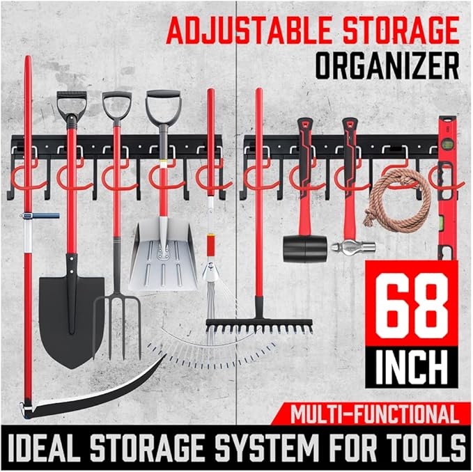 SEDY 68" All Metal Garden Tool Organizer Hooks - Garage Wall Organizer Sturdy Garden Tool Storage System Yard Tool Garage Tool Organizer Wall Mount Shed Organization Shovel Broom Rake Holder
