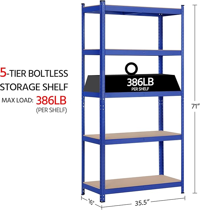 Topeakmart 5-Tier Utility Shelves, Metal Storage Shelves Unit Adjustable Garage Storage Shelves Racks Heavy Duty Shed Shelving- Blue, 35.5 x 16 x 71 Inch