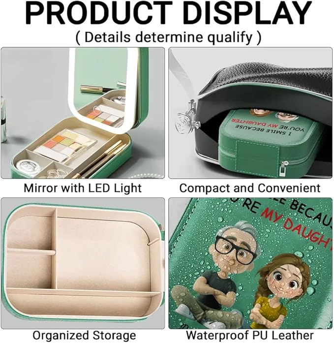 I Smile Because You're My Daughter Personalized Custom Jewelry Box with LED Mirror, Custom Photo Mom Daughter Leather Jewelry Box, Daughter Travel Jewelry Boxes, Daughter Birthday Gifts from Mom