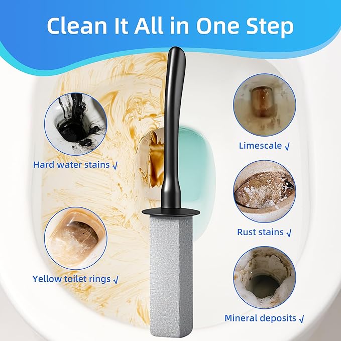 Toilet Brush and Holder Set with Pumice Stone – Long Handle Toilet Bowl Brush, Anti-Splash Scrubber, Ventilated Drip-Free Base, Deep Cleaner for Hard Water Stains, Limescale, Toilet Rings