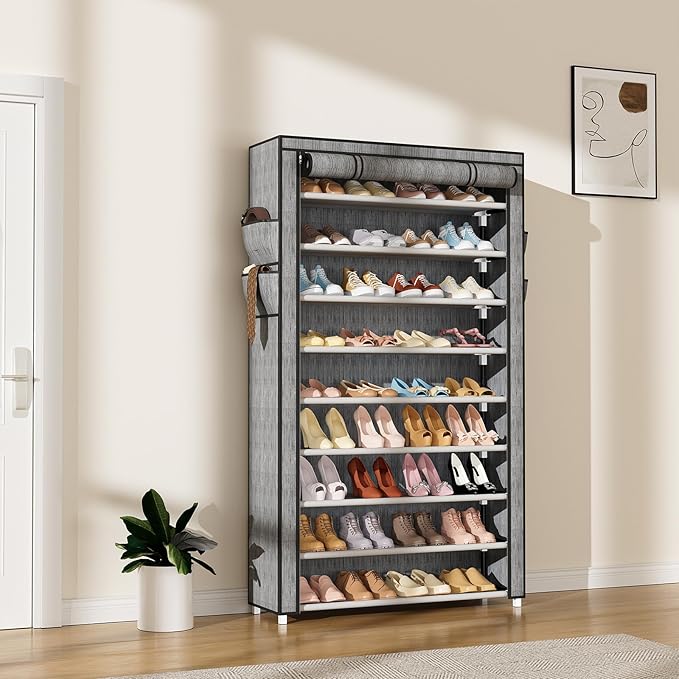 Shoe Rack with Covers 10 Tier Tall Shoe Rack Organizer Large Capacity Shoe Shelf Storage 40 Pairs Space Saving Free Standing Shoe Storage Organizer for Closet, Entryway, Dorm, Printing