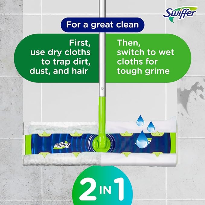 Swiffer Sweep + Mop XL, Broom & Mop Alternative, Floor Cleaner for Dirt, Dust, Hair, All Purpose Cleaning Tool for Home, Bathroom, Kitchen, Set Includes 1 XL Sweeper 8 XL Dry Pads 2 XL Wet Pads Fresh