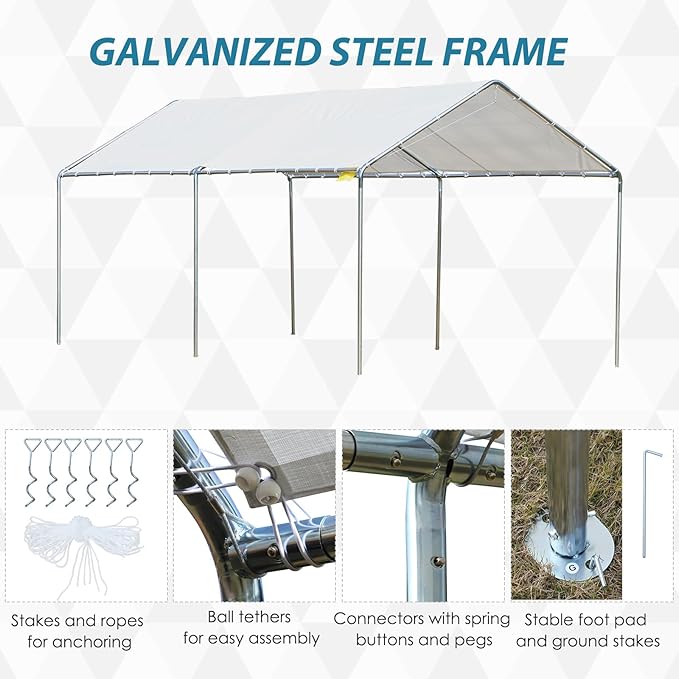 Outsunny 10'x20' Carport Outdoor Heavy Duty Party Tent Galvanized Car Canopy with Included Anchor Kit, 3 Reinforced Steel Cables, White