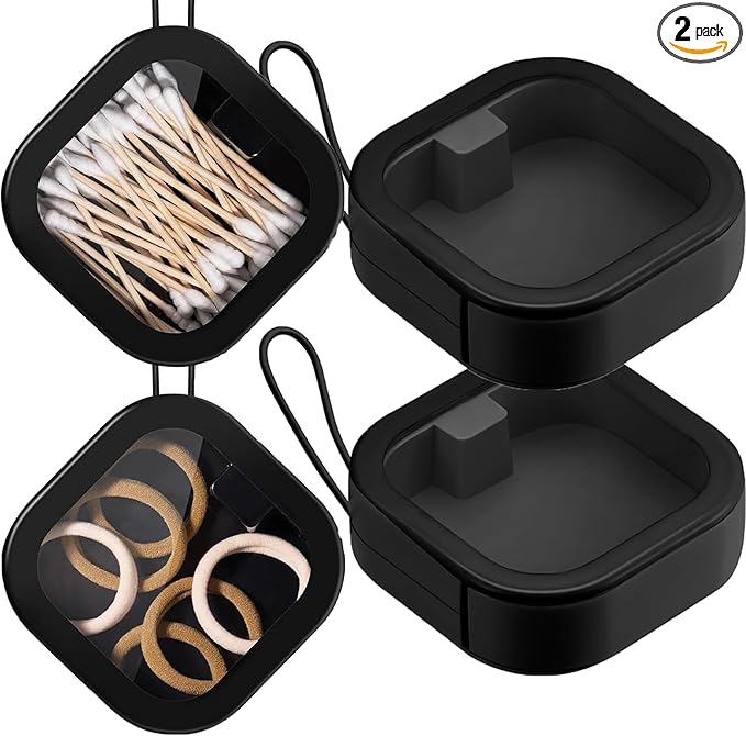 2pcs Hair Tie Organizer,Portable Travel Qtip Holder,Bathroom Storage Organizer Qtip Dispenser Cotton Swabs Dispenser Kids Hair Accessory Box with Lid for Bathroom,Desktop Organizer(2PCS,2Black)