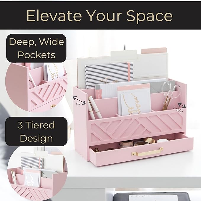 BLU MONACO | Pink Desk Organizers Wooden Mail Organizer with Drawer | Mail Sorter Organizer Countertop Gold Handle | Desk Organizers and Accessories Pink Office Storage
