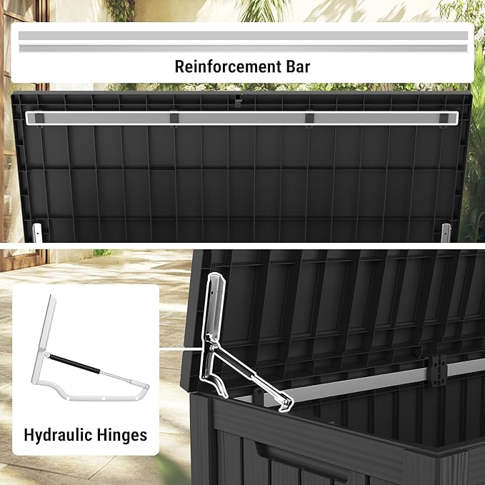 Mars Villa 150 Gallon Outdoor Storage Box, Large Resin Deck Box, Waterproof Storage Bin with Lockable Lid, Ideal for, Outdoor, Patio Furniture Cushions, Pool Supplies, Garden Tools, Black