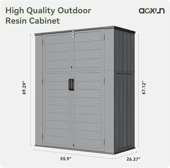 AOXUN Horizontal Storage Sheds 61 Cu.ft, HDPE Outdoor Storage Box 160 Gallon, Waterproof Lockable Resin Deck Box with Spring-Assisted Lid, Patio Storage for Garden, Pool, Cushions, Tools, Gray