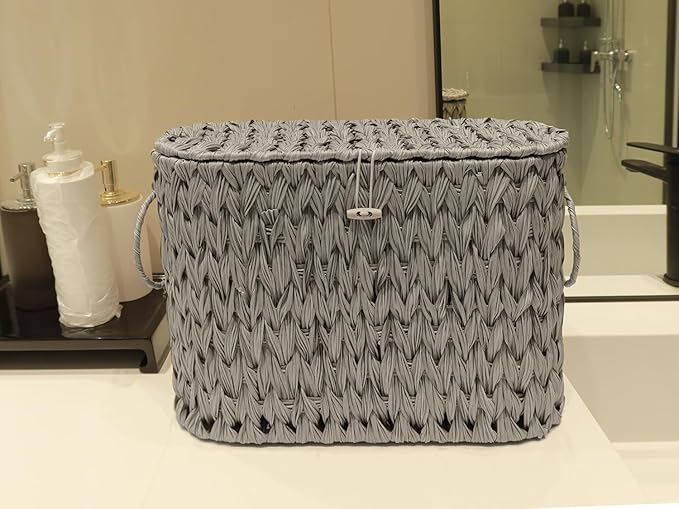 Toilet Paper Storage Basket with Lid,Wicker Toilet Paper Holder Stand,Narrow Decorative Woven Bathroom Basket Organizer,Free Standing Grey