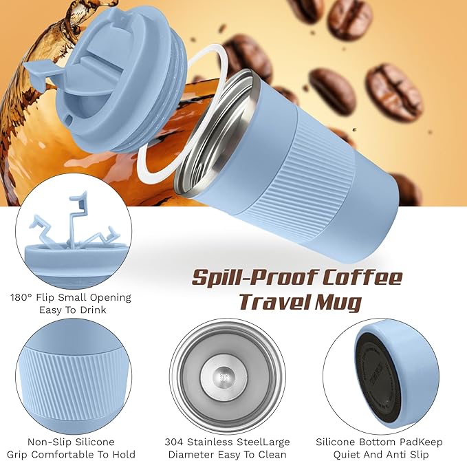 Vacuum-Insulated Stainless Steel Travel Coffee Mug, Leak-Proof Reusable Coffee Cup with Lid - Keep Hot & Cold Drinks for Hours, Durable Insulated Tumbler for Men & Women(3rd-Light Blue, 17OZ)