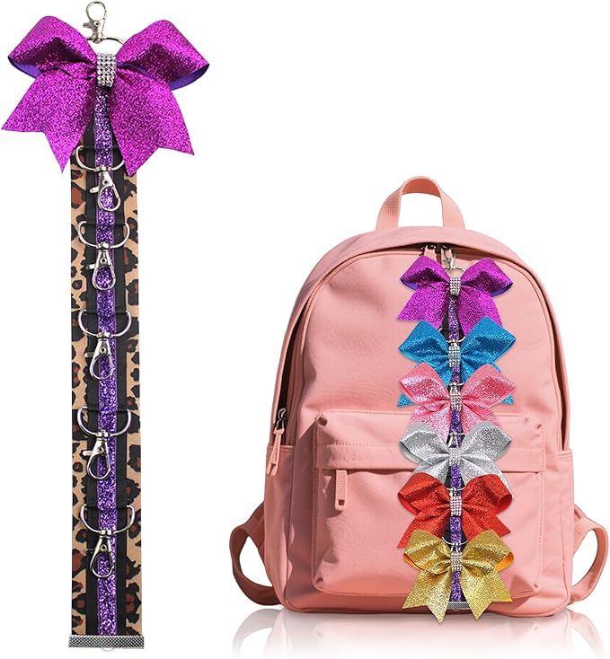 ALIBBON Cheer Bow Holder Glitter Purple Leopard Print Hair Bow Holder Cheer Keychain for Cheerleading Backpack Bag Cheerleader Gifts Sports Cheerleading Bows Storage Hanging Ribbon Chain with 5 Clasps