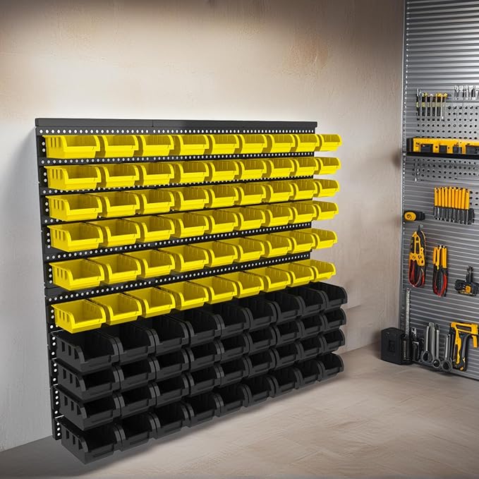 Wall Mounted Storage Bins - Plastic Adjustable Compartment Organizer for Screws, Nuts, Bolts & Tools | Heavy-Duty Home & Garage Organization | Closet, Bedroom, Workshop Wall Storage Rack, 90PCS