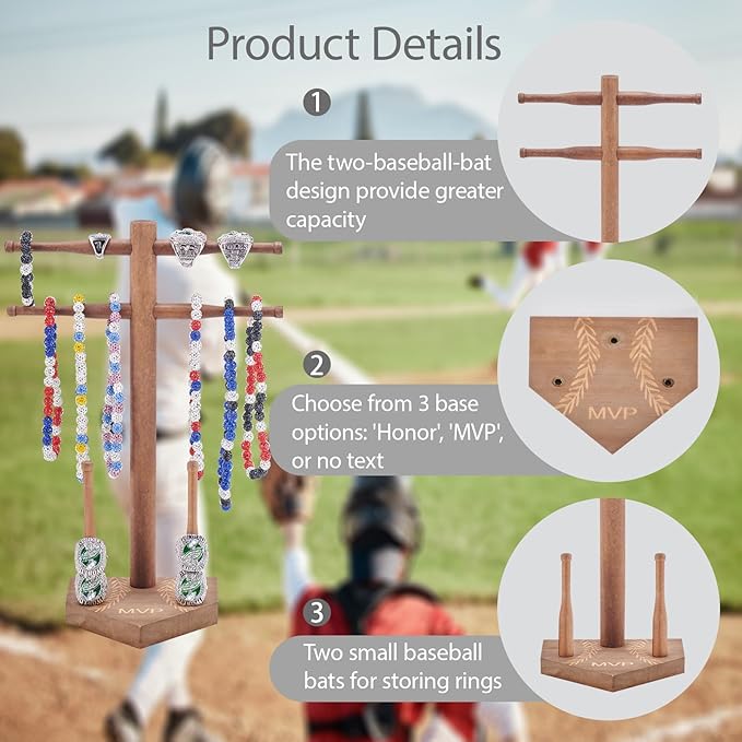 NEW Wooden Baseball & Softball Championship Ring Holder with Drip Necklace Display – Sports Organizer Baseball Gifts for Jewelry & Awards(MVP)