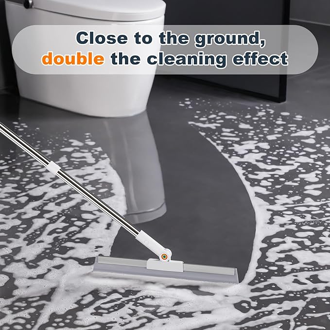 Rubber Squeegee Broom for Floor,Upgrade 62" Long Handle Window Squeegee, 2 Cleaning Cloths, Silicone Pet Hair Remover,Magic Squeegee Broom Removes Water Spots, Stains, Grease, and Glass Surfaces.