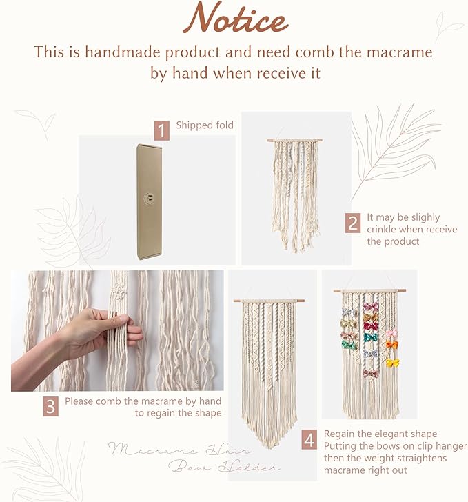 Mkono Macrame Bow Holder Hanging Hair Bow Organizer,Boho Wall Hair Clips Headband Storage Hanger and Scrunchies Holder Stand Hair Accessories Organizer Gold White Metal Scrunchies Tower