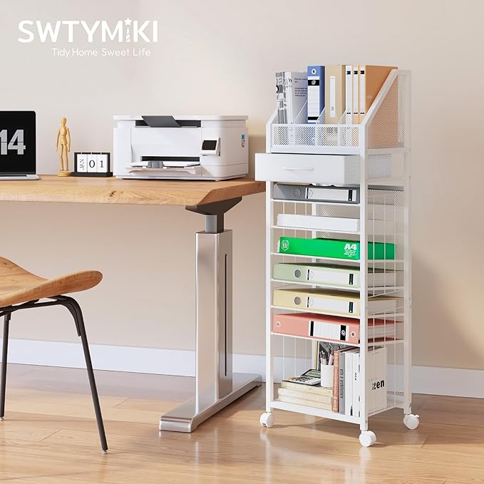 SWTYMIKI 9-Tier Rolling File Cart - Paper Organizer with Drawer and Trays, Wood Desk Office Organizer, Office Organization and Binder Storage for Workspace, Home, School, White