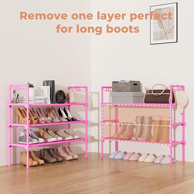3 Tier Shoe Rack for Closet, Shoe Organizer with 5 Hooks, Long Shoe Shelf Storage for Shoe and Boot Stackable Free Standing Shoe Rack for Entryway, Garage, Small Spaces, Dorm, Pink