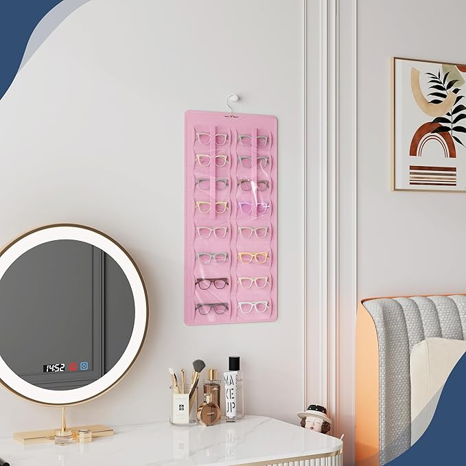 Hanging Sunglasses Organizer and Storage, Dual-Sided Sunglasses Case and Jewelry Holder, Wall-Mounted, 32 Clear Slots, Dust-Proof, Roof Design for Travel, Pink