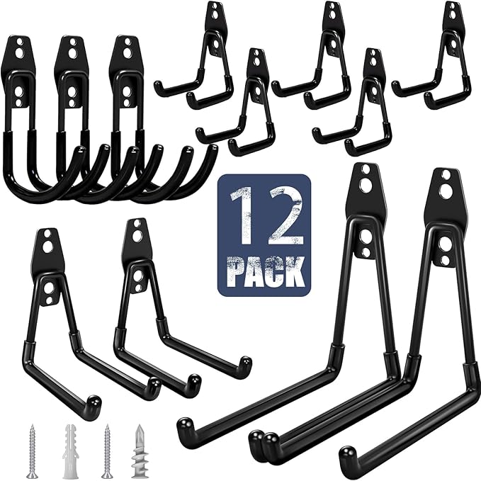 Garage Hooks Heavy Duty, 12 Pack Anti-Slip Coating Garage Wall Storage Hooks for Hanging Bike, Ladder, Garden Tools
