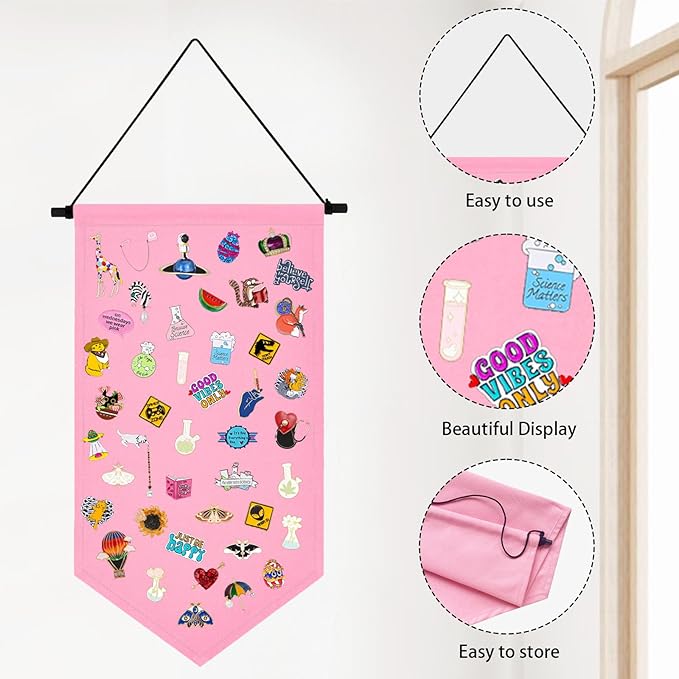 Kunyeah Wall Hanging Brooch Organizer Storage Case Colorful Canvas Pin Board Stand Enamel Pin Badge Hanging Holder Display Banner Earrings Collection Holder - Pins No Included (Pink)