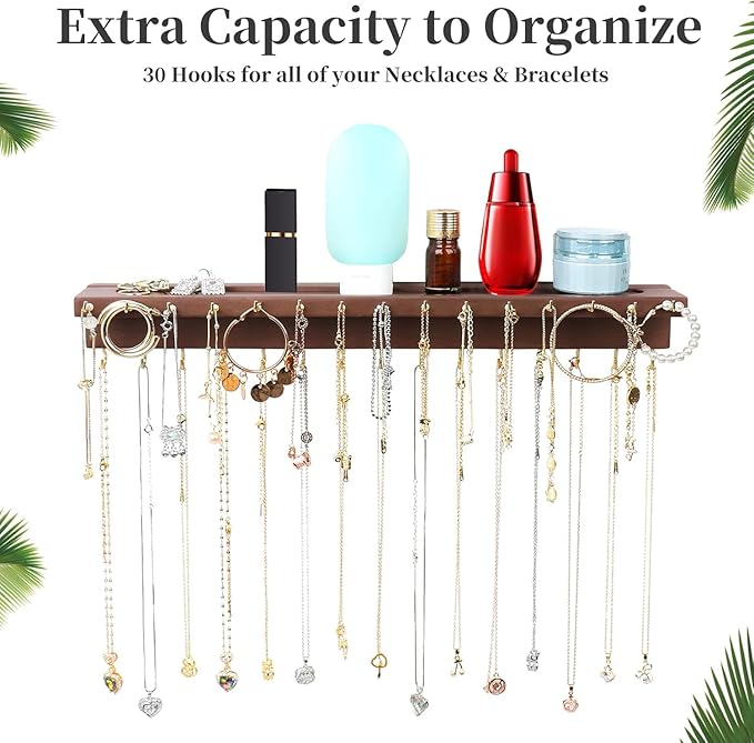Necklace Holder, Upgraded Extra Large Wall Necklace Organizer with 30 Hooks Wall Mounted Necklace Hanger with Jewelry Tray/Cosmetics Shelf Rustic Pine Wood Holder (Walnut)