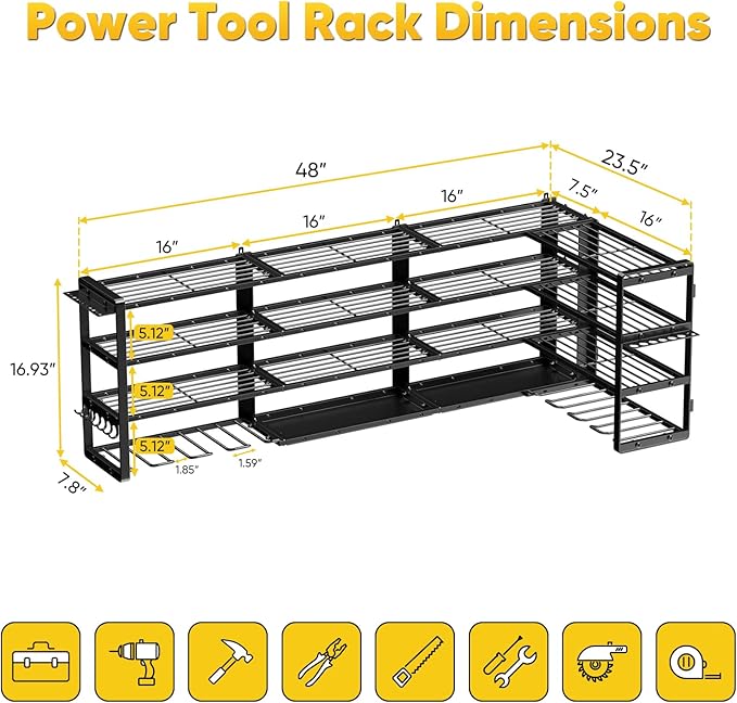 Extra Large 64" W Power Tool Organizer Wall Mount, Load 1000 lbs, Heavy Duty 4 Tier Garage Storage Rack with 8 Drill Holders, 2 in 1 Corner or Straight Installation, Gift for Men
