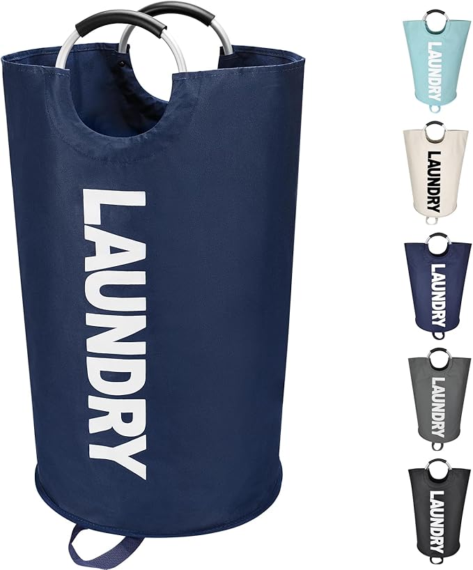 90L Large Laundry Basket, Freestanding Tall Clothes Hamper, Collapsible Laundry Bag, Dark Blue