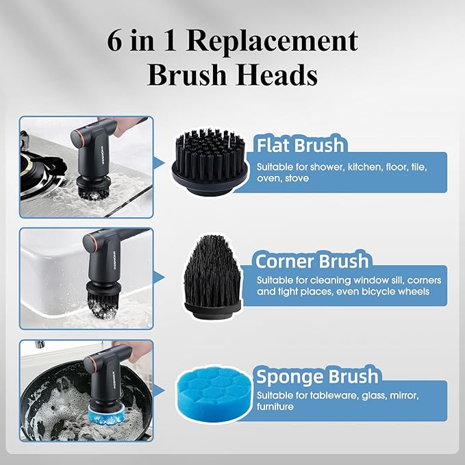 Electric Spin Scrubber, Bathroom Shower Scrubber with LCD Display, 2 Speeds Electric Scrubber for Cleaning with 6 Replaceable Heads, 4-Hour Runtime‌, Cleaning Brush for Kitchen/Car, Gray-Black