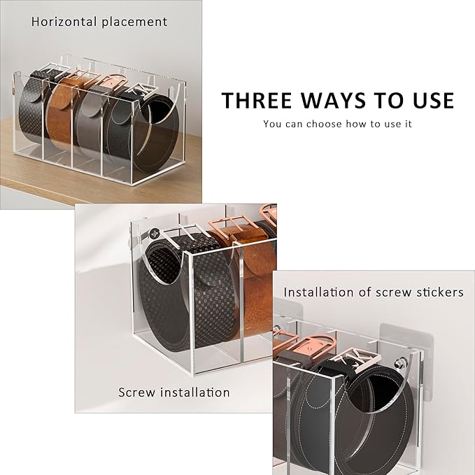 5 Compartments Acrylic Belt Organizer, Clear Belt Display Case for Tie Organizer Wall Mounted