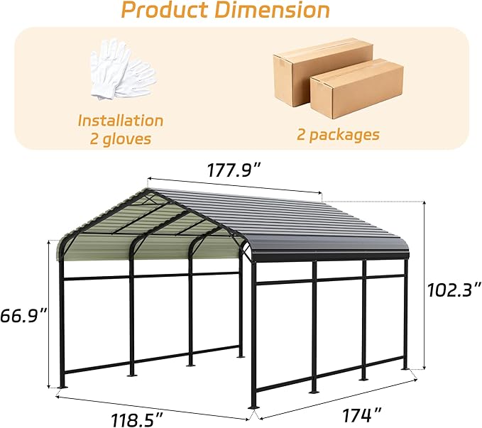 Patiowell 10'x15' Metal Carport, Heavy Duty Carport Canopy with Reinforced Frame and Galvanized Steel Roof, All-Weather Outdoor Car Shelter for Car, Truck, Boat and Tractor, Black