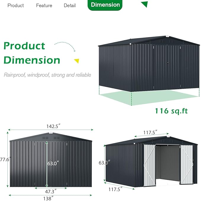 AECOJOY 10' x 12' Shed, Outdoor Storage Shed, Dark Grey Large 12x10 Sheds & Outdoor Storage Clearance with Lockable Doors, Utility and Tool Storage Garden Shed Backyard, Patio and Outside