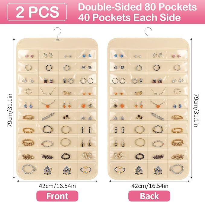 Hanging Jewelry Organizer for Closet with Swiveling Hanger, 17 x 30 In, 80 Clear Pockets Jewelry Organizer Hanging for Jewelries, Earrings, Accessories (Beige) (2, Beige)