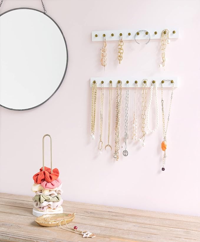 Mkono Necklace Holder Wall Mounted Necklaces Hanger, Jewelry Organizer Hanging with 20 Metal Round Hooks Headband Holder Organizer Metal Headband Storage Hair Accessories Organizer