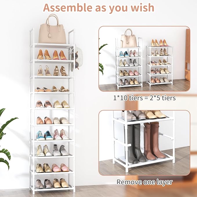 10 Tiers Tall Shoe Rack 20-25 Pairs Boots Organizer Storage Sturdy Narrow Shoe Shelf for Entryway, Closets with Hooks, White