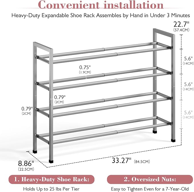 Bumusty 4-Tier Expandable Shoe Rack for Closet, 18“-33” Adjustable Shoe Rack for Small Space, Small Shoe Organizer for Front Door, Sturdy Metal, Light Grey
