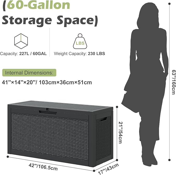 60 Gallon Outdoor Storage Box, Resin Deck Boxes Outdoor Waterproof For Patio Furniture, Garden Tools, Pool Supplies, Lockable And UV Resistant (Rattan Black)