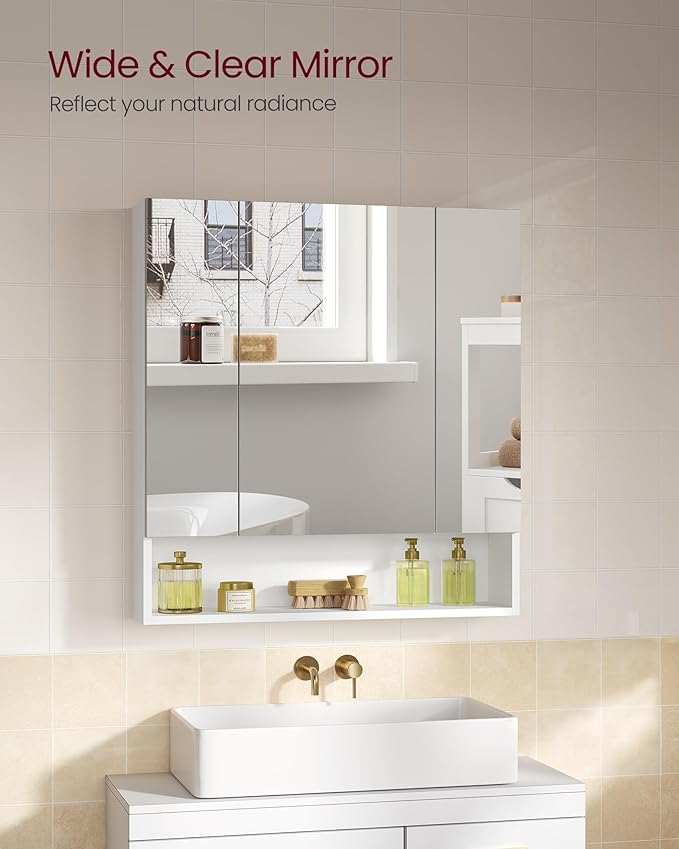 VASAGLE KAILYN Collection - Medicine Cabinet Mirror, Bathroom Wall Mirror Cabinet with Storage, Open Compartment, Adjustable Shelves, 6.5 x 27.6 x 29.5 Inches, Cloud White UBBK129W01