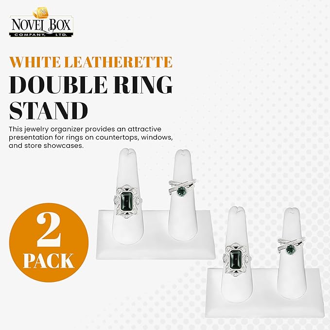Novel Box 2 Pack White Leatherette Jewelry Double Ring Finger Display Stand 3 5/8 L x 2 1/8 D x2 1/4 H Inches with Square Base - Ring Holder Stand for Selling or Personal Use - Display Stand for Rings