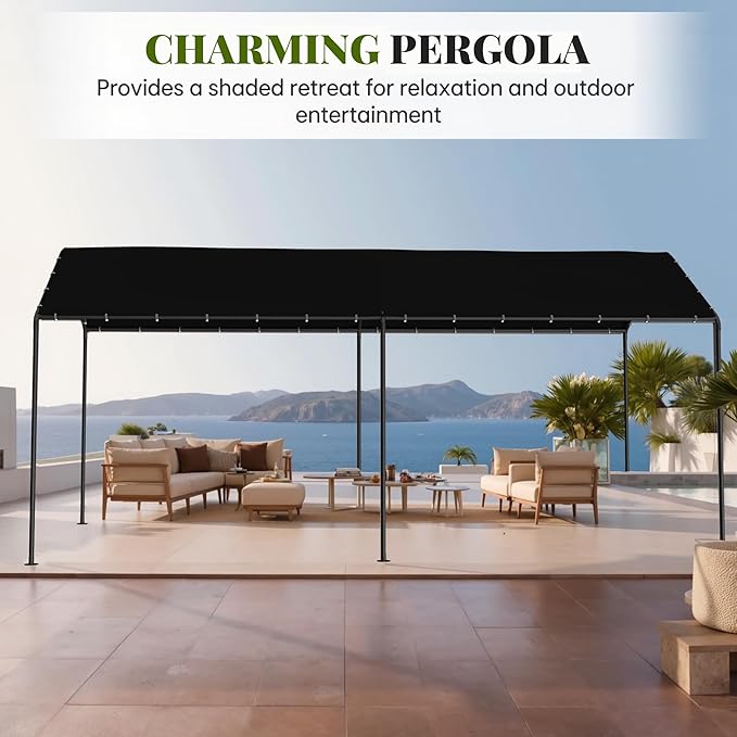 Carport, 10‘ x 20’ Heavy Duty Portable Garage All-Season Car Canopy, Outdoor Garage Boat Shelter Carport Canopy Party Tent w/Water-Resistant Tarp for Backyard (Black, 10' x 20' /no Side)