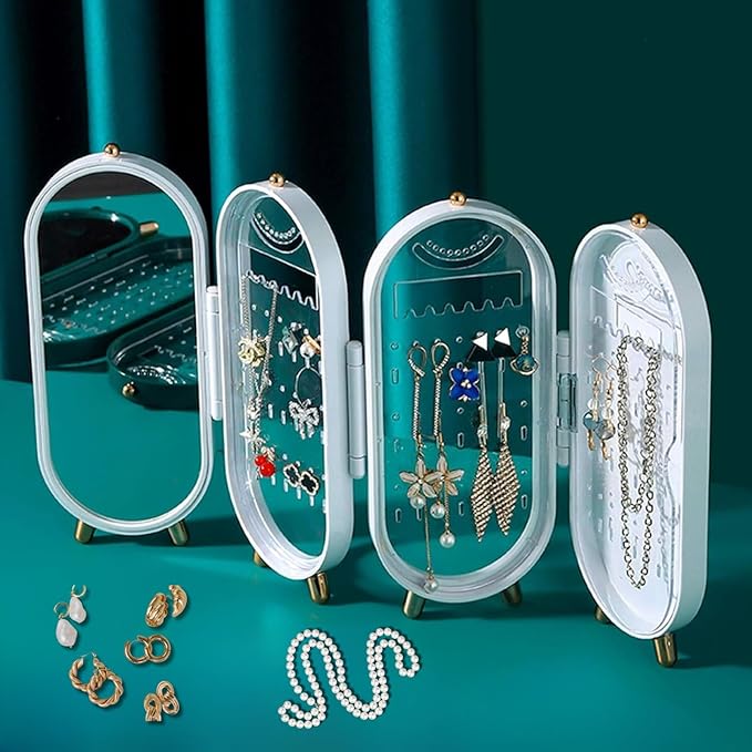 Foldable Jewelry Organizer with 153 Holes for Earrings, Mirror, and Elegant Gift Box - Perfect for Girls and Women (Green)