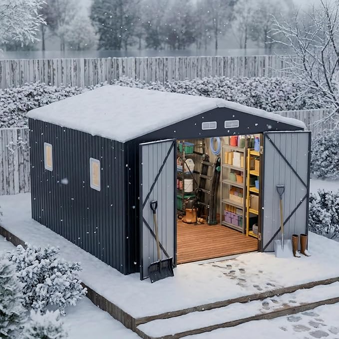 10x12 FT Outdoor Metal Shed with Unique Floor Base Clear Roof Window Lockable Double Door Vent, Waterproof Heavy Duty Reinforced Frame Sheds for Garden Storage Large Lawnmower Tool, Dark Grey