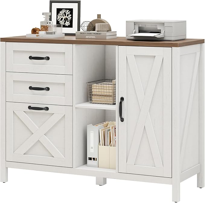 3 Drawer File Cabinet, Farmhouse Style Lateral Filing Cabinet Suitable for Letter or A4 Size Files, Wooden Home Office Storage with Adjustable Shelf and Printer Stand, White