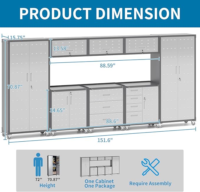 Garage Storage Cabinets System 8 PCS Workshop Set with Drawers Locking Heavy Duty Rolling Cart with Adjustable Shelves Garage Tool Workbench Cabinets (8 PCS)