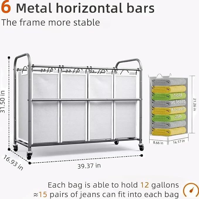 ROMOON Laundry Hamper Sorter Cart: 4-Section Organizer with Heavy-Duty Lockable Wheels and Removable Bags | 172L Rolling Laundry Basket for Dirty Clothes in Laundry Room or Small Spaces (Gray)