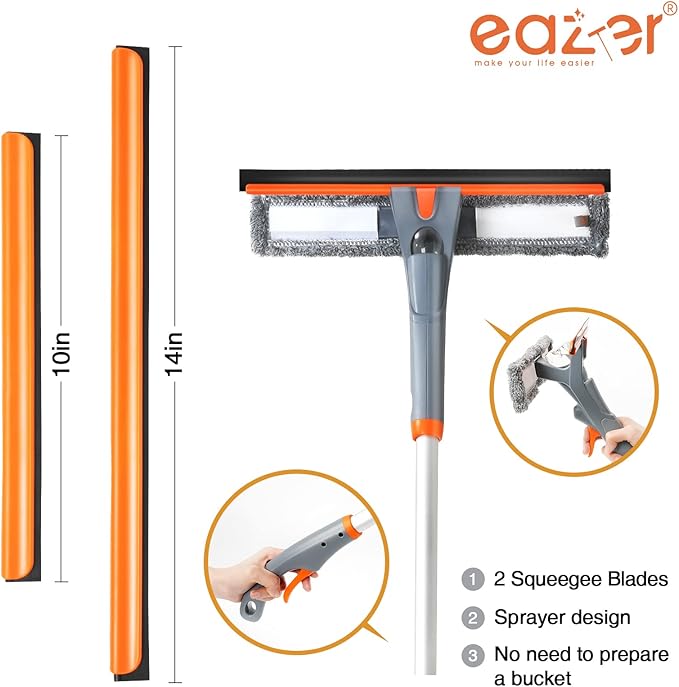 Eazer 3-in-1 Spray Window Squeegee, 76'' Window Cleaner Tool with 5-Section Extension Pole, Window Cleaning Kit with 4 Microfiber Cloth, Window Washing Equipment for Indoor/Outdoor Windows, Car Glass